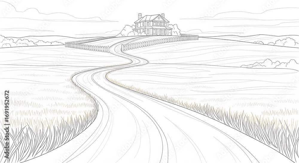 Fototapeta premium Rural Farmhouse and Winding Road Hand Drawn Illustration