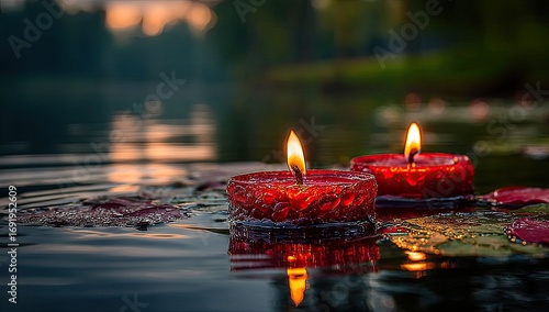 Two red candles float on water, sunset backdrop