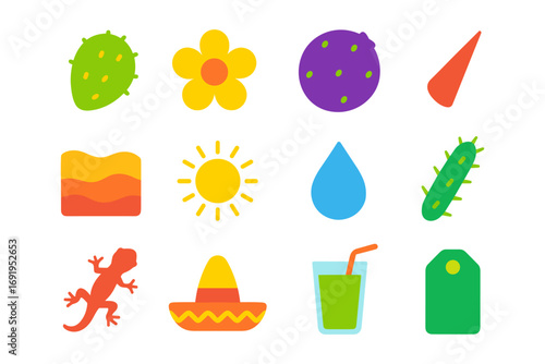 Colorful mexican icon set: cactus, sombrero, sun, and more