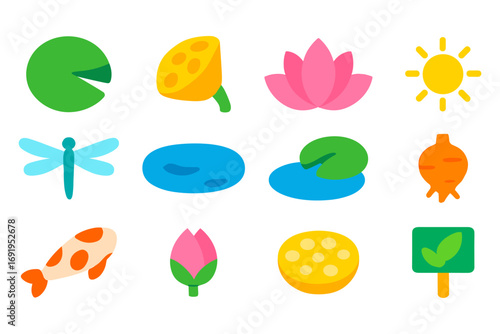 Bright and colorful pond life icons: nature and garden elements in flat style