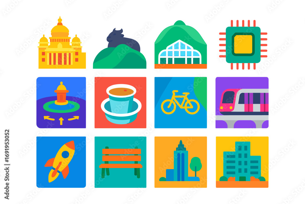 Fototapeta premium Colorful flat icons: city landmarks, transport, and technology