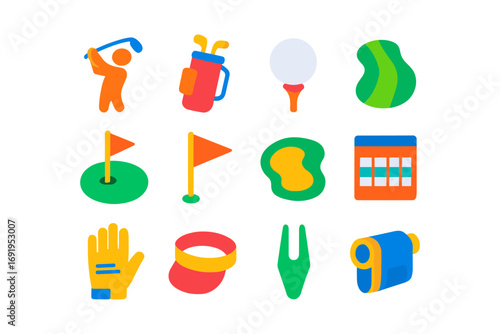 Colorful golf icons set featuring equipment and accessories in flat design