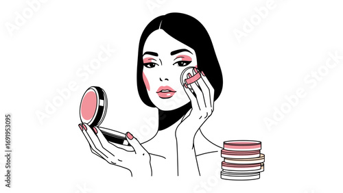 Elegant woman applying blush with a puff from a compact mirror showcasing a beauty routine and makeup application illustration