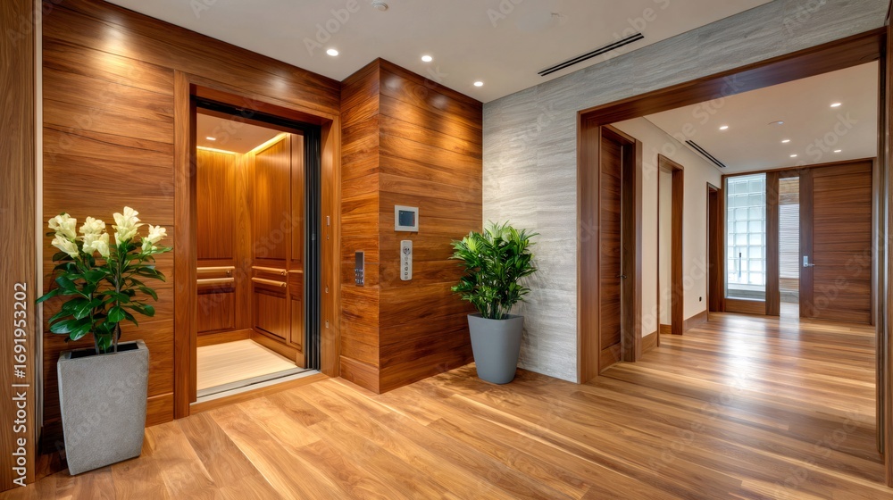 Obraz premium Modern elevator opening into luxurious wooden hallway