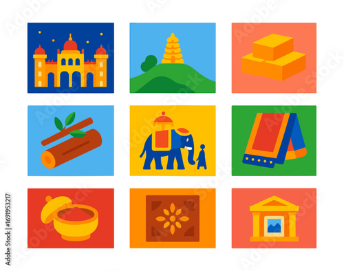 Colorful icons depicting indian cultural elements and landmarks