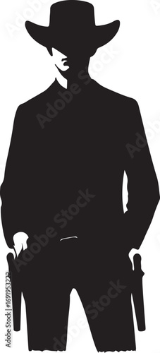 The image is a stark black-and-white silhouette of a cowboy, his face obscured by shadow under a wide-brimmed hat, hands resting on holstered pistols at his hips, suggesting a mysterious and possibly 