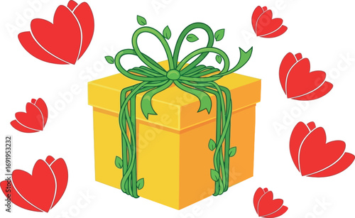Bright yellow gift box tied with green ribbon surrounded by red flowers for celebration vector silhouette