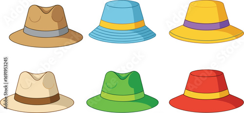 Flat Vector Illustration of Colorful Fedora and Sun Hats – Summer Fashion Accessories for Travel, Beachwear, Casual Style, and Design Projects