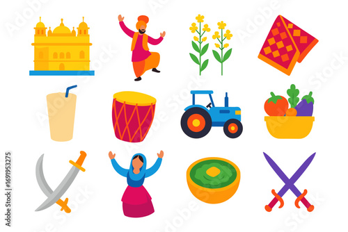 Traditional punjabi culture elements and icons in vibrant flat design