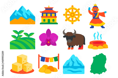 Colorful icons of himalayan culture and landscape in flat design