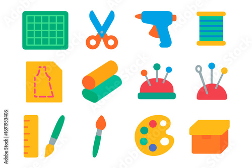 Colorful sewing and crafting tools icons set for creative projects