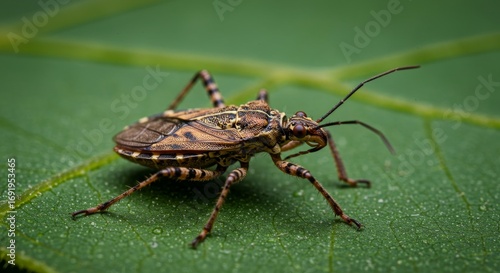 Wallpaper Mural Close-up shot of a western leaf-footed bug resting on a vibrant green leaf showcasing its intricate details and natural habitat Torontodigital.ca