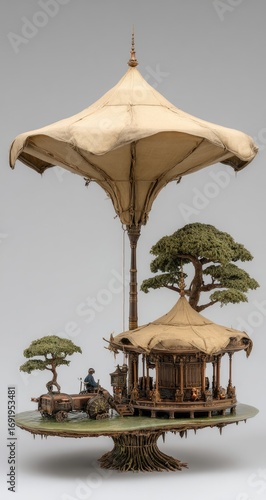 Floating, miniature hut with umbrella, detailed model