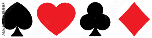 Set of playing card vector suits including spade, heart, club and diamond with bonus icon like joker, dice and casino chips. Perfect for card games, casino UI and gambling themes.