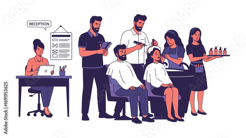 Diverse team of barbers and stylists working together in a modern salon offering various hair and beauty services to clients