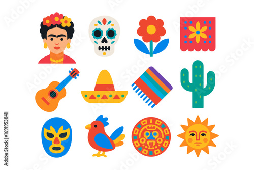 Colorful mexican emblems and icons featuring cultural traditions