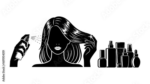 Stylized silhouette of a woman with long flowing hair being styled with a hair dryer and surrounded by various hair care products and bottles