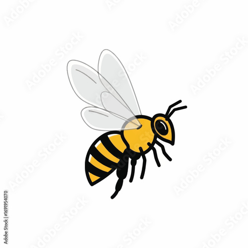 Cartoon Bee Illustration with Yellow and Black Stripes and Transparent Wings 1.