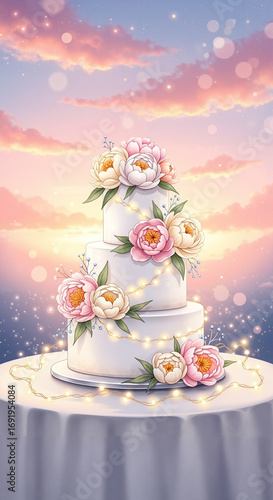 White wedding cake adorned with fresh peonies against sunset background  