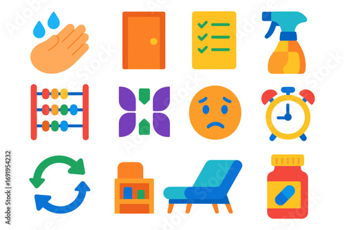Colorful flat icons set featuring everyday essentials and home symbols