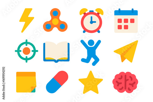 Colorful flat design icons set featuring gadgets, symbols, and shapes for digital use