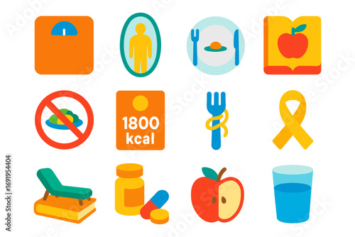 Healthy lifestyle icons: nutrition, fitness, and wellness elements in flat design
