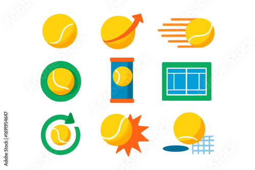 Tennis icons set: dynamic flat design with balls and court elements