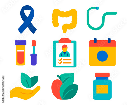 Healthcare awareness icons set including medical tools, diagnostics, and health symbols