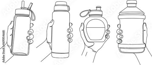 Vector illustration of various bottles held in hands, reusable drink containers with different shapes and lids, eco‑friendly hydration and beverage design concept