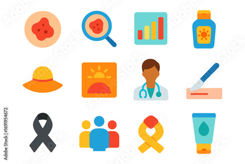 Flat style healthcare and awareness icons set with doctor and medical tools