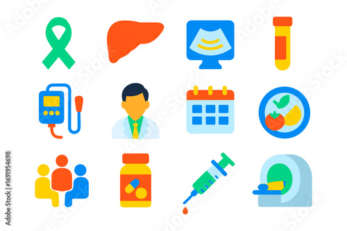 Medical icons set: health awareness, liver care, diagnosis, treatment, and healthy lifestyle symbols