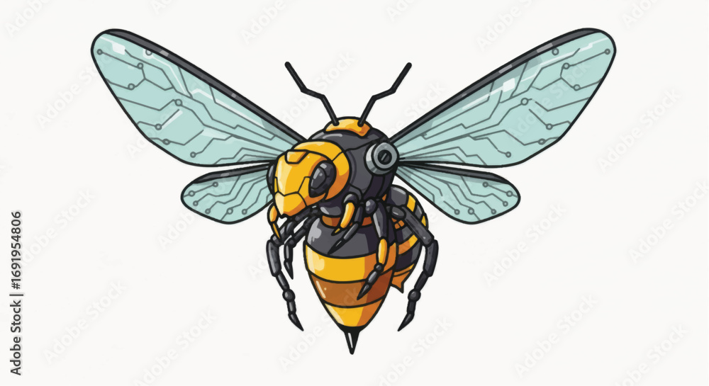 Obraz premium Intricate illustration of a robotic bee with mechanical wings and details.