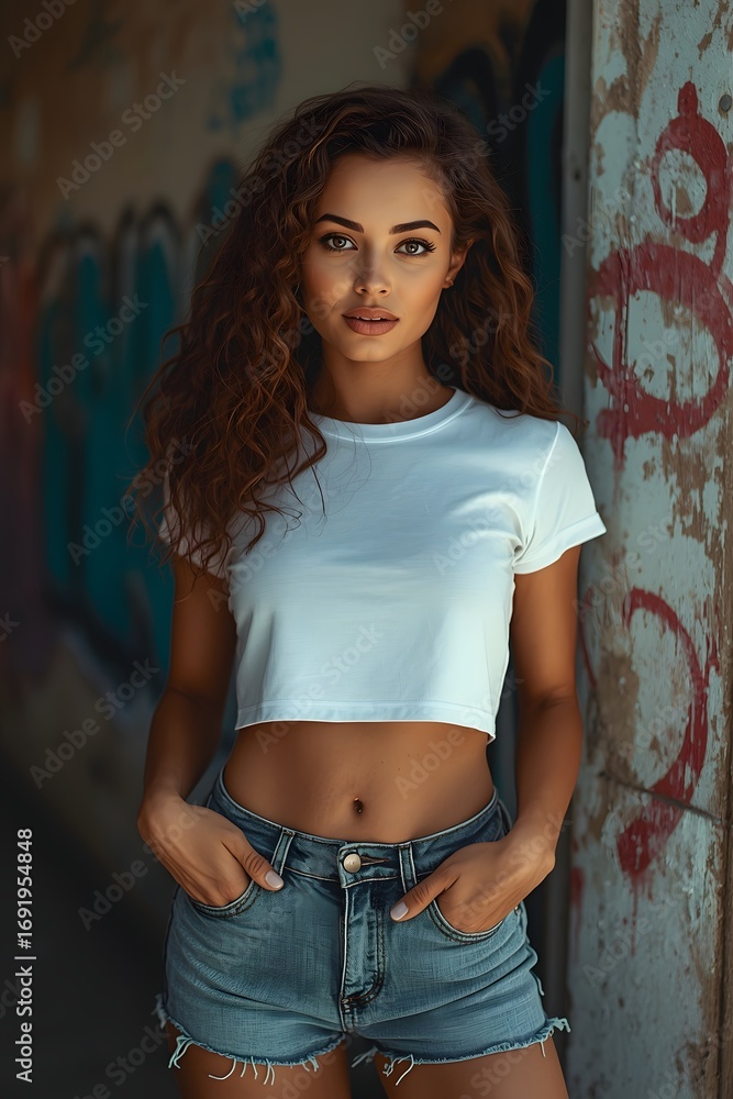 Naklejka premium Portrait of a beautiful woman with denim shorts and white cropped t-shirt in urban background.
