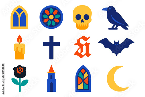 Flat gothic icons: stained glass, skull, candle, cross, and more
