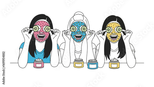 Three diverse young women with colorful face masks and cucumber slices on eyes enjoying a spa day at home with skincare products