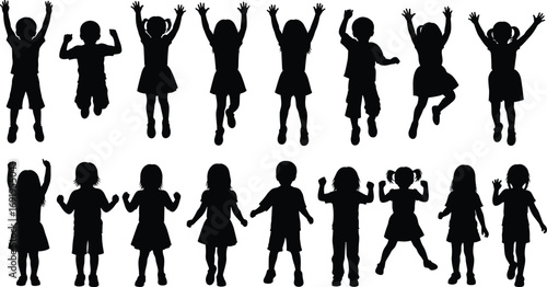 Silhouettes of children playing, jumping, and posing, active kids vector illustration, youth activity design, playful boys and girls in various stances