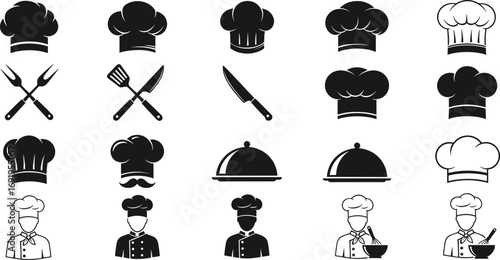 Chef and cooking icon vector set, black and white culinary symbols with hats, utensils, and cloche designs for kitchen, restaurant, and food projects