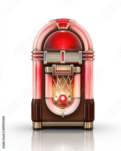 Retro jukebox with red accents, illuminated interior