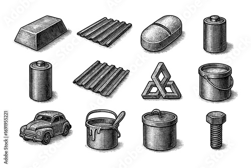 Vintage engraving style collection of industrial and everyday objects