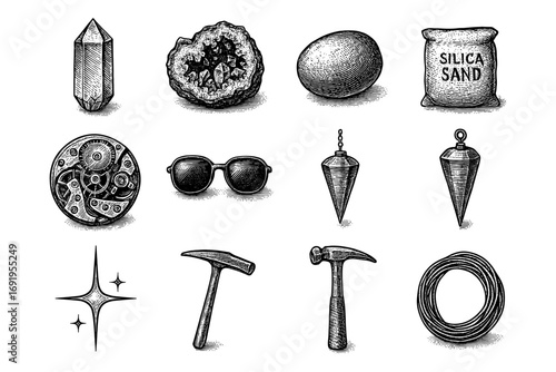 Hand-drawn vintage collection of crystals, geodes, tools, and accessories