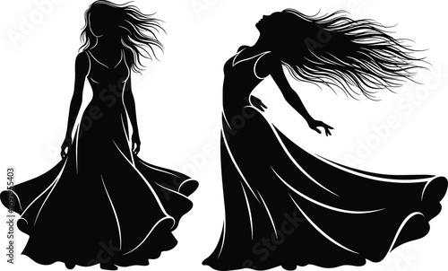 Elegant dancing women silhouette vector illustration, graceful female figures in flowing dresses, artistic movement and fashion design concept for performance, art, and creative projects