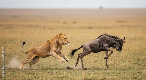 Lion chasing wildebeest across the African savanna in a dramatic pursuit with determination and speed captured in stunning detail and action