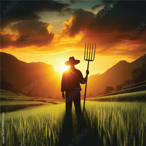 A silhouetted farmer stands in a verdant rice paddy at sunset, holding a pitchfork, with mountains in the background, creating a picturesque and serene rural scene.