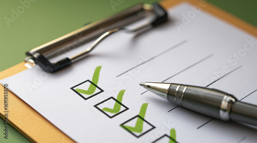 clipboard featuring a completed checklist accompanied by a black pen, placed on a vibrant green surface. Represents task completion, organization, and productivity in a visually appealing manner