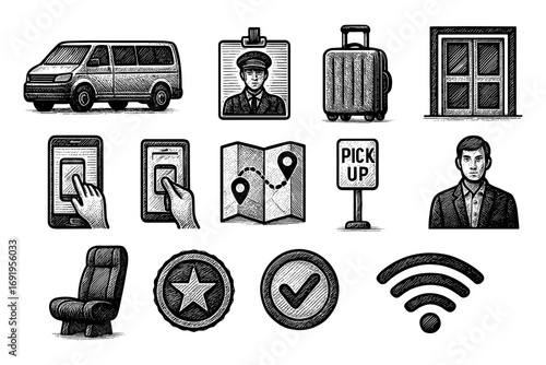 Hand drawn transportation and travel icons set with taxi app, luggage, and wifi symbols