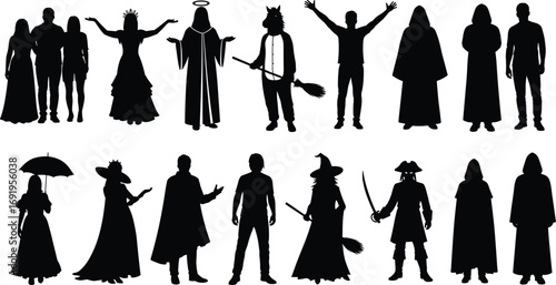 Halloween costume silhouettes vector set, witch, pirate, angel, cloaked figure, fantasy, historical, cosplay characters, spooky party, theatrical dress‑up clipart