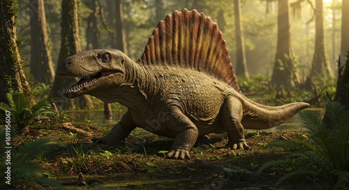 A Dimetrodon basking in the morning light of the prehistoric forest landscape with ferns and tall trees