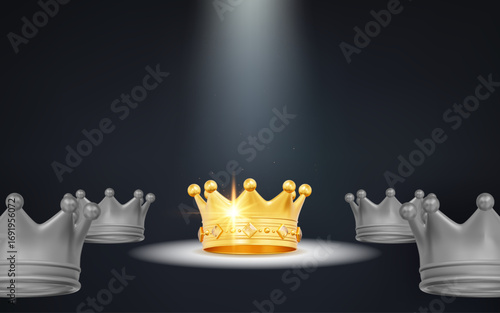 3D royal golden crown in the illuminated center. Choice, uniqueness or the best solution. Stock vector illustration on dark isolated background.