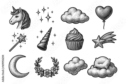 Fantasy hand drawn elements with unicorn, stars, cupcake, and clouds in vintage style