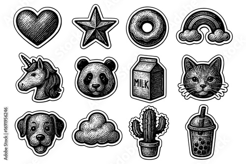 Monochrome sticker set: heart, star, unicorn, panda, cat, cactus, bubble tea